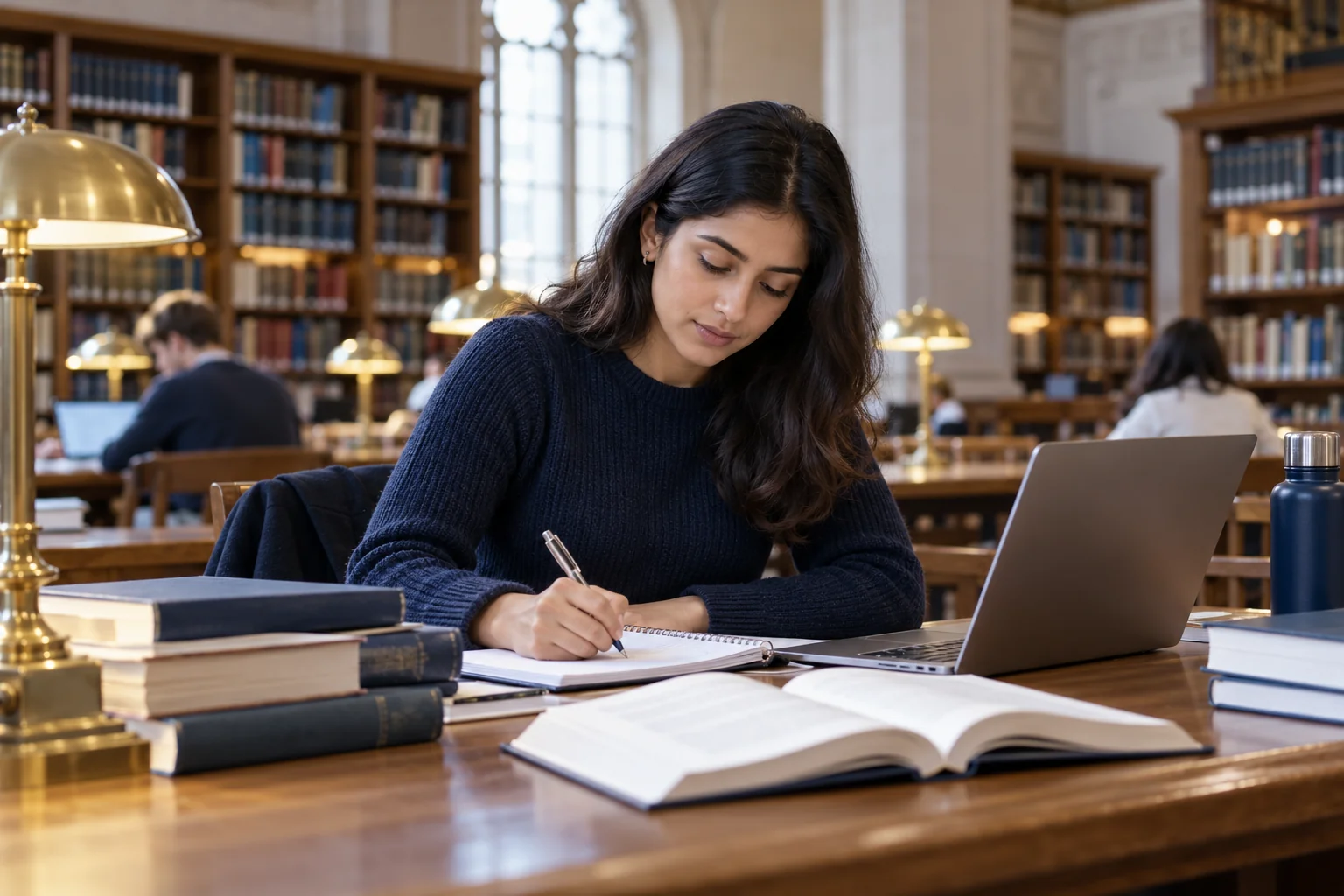 Postgraduate student researching in a university library