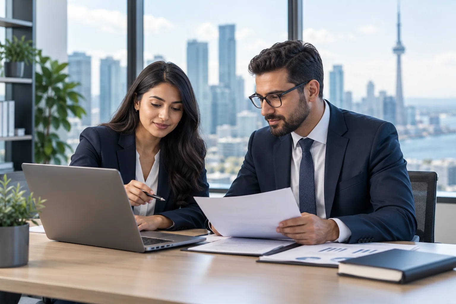Professionals collaborating in a modern office