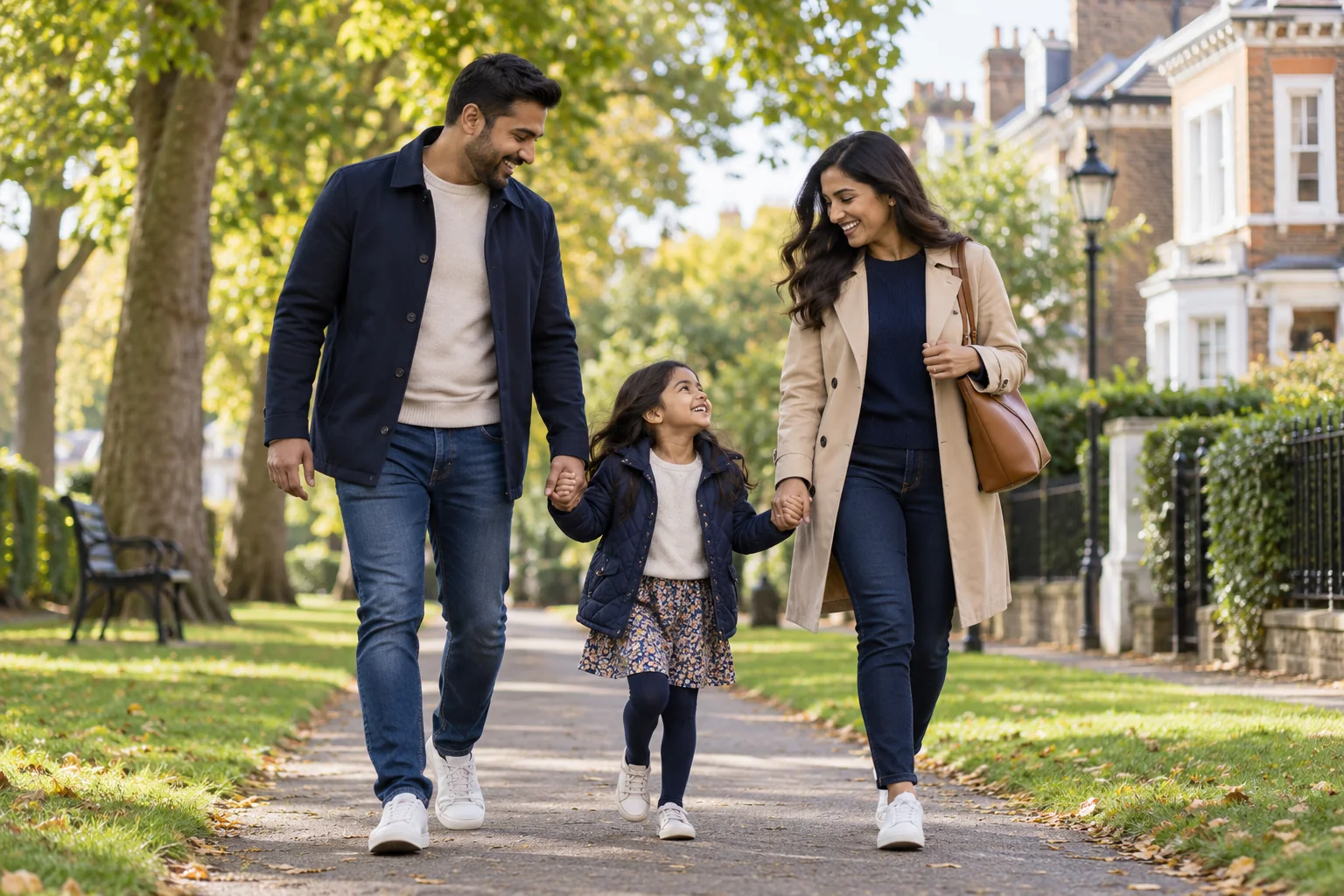 A family walking through a leafy residential park